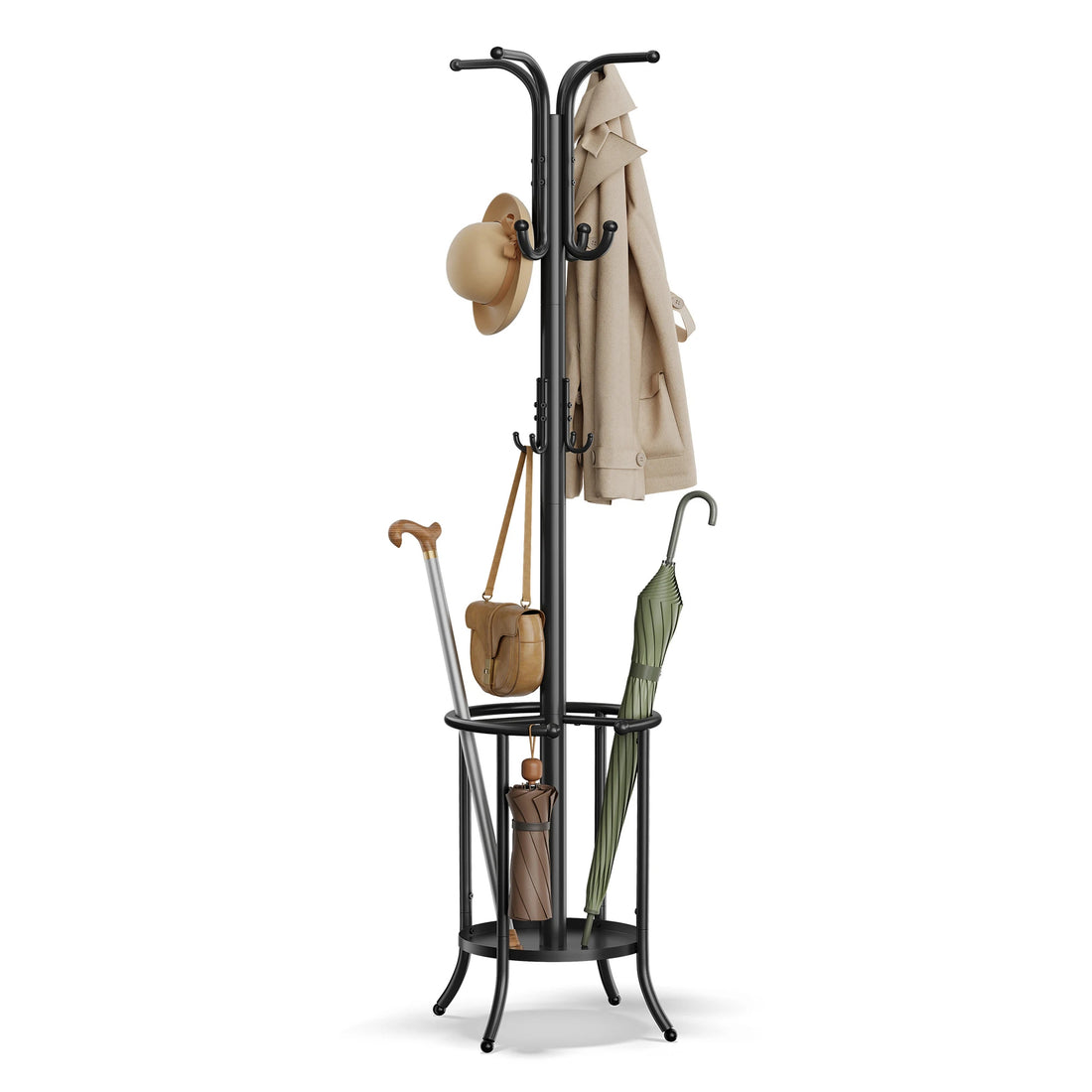 Heavy Duty Black Metal Coat Rack with Umbrella Holder