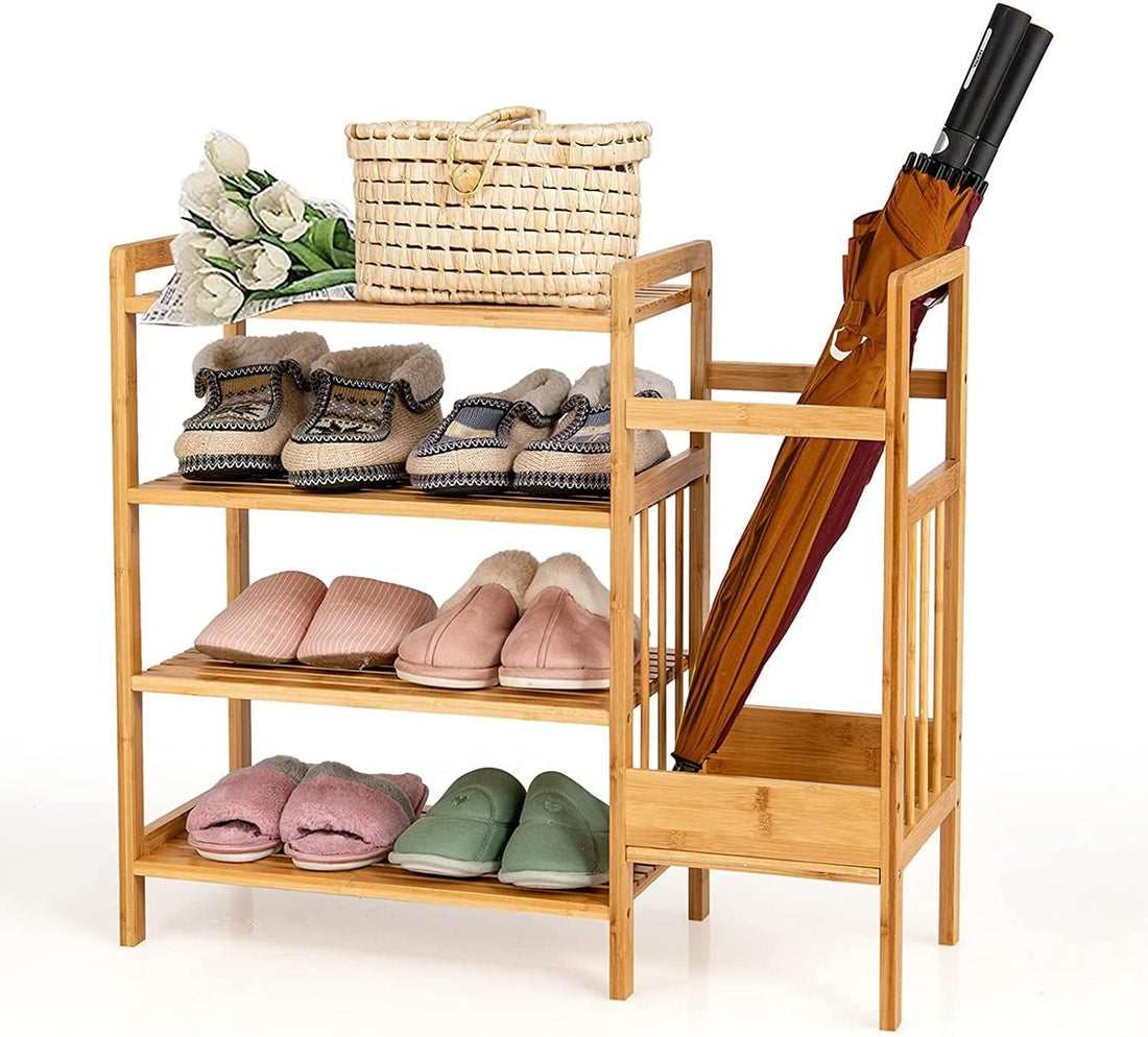 2-in-1 Entryway 4-Shelf Bamboo Shoe Rack and Umbrella Holder