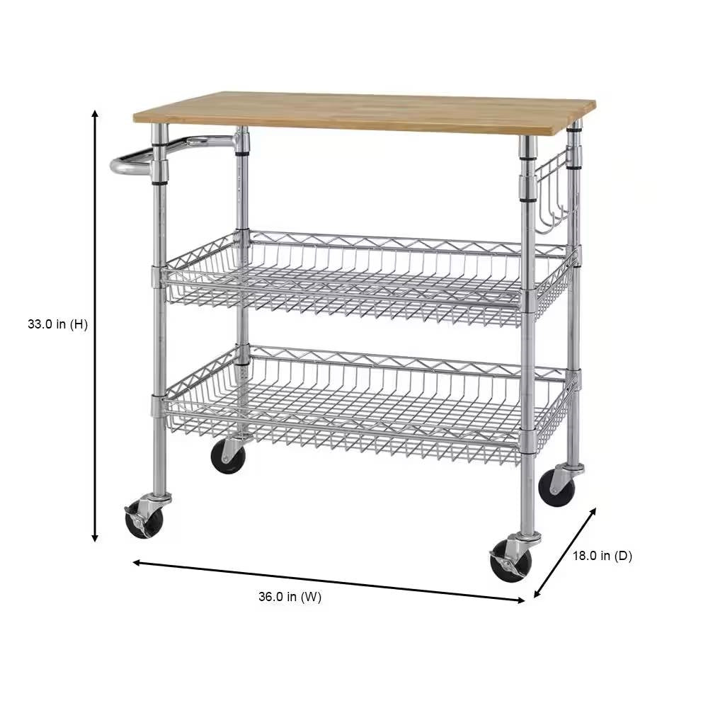 Kitchen Island Cart with Wood Top and 2 Bottom Storage Shelves on Wheels