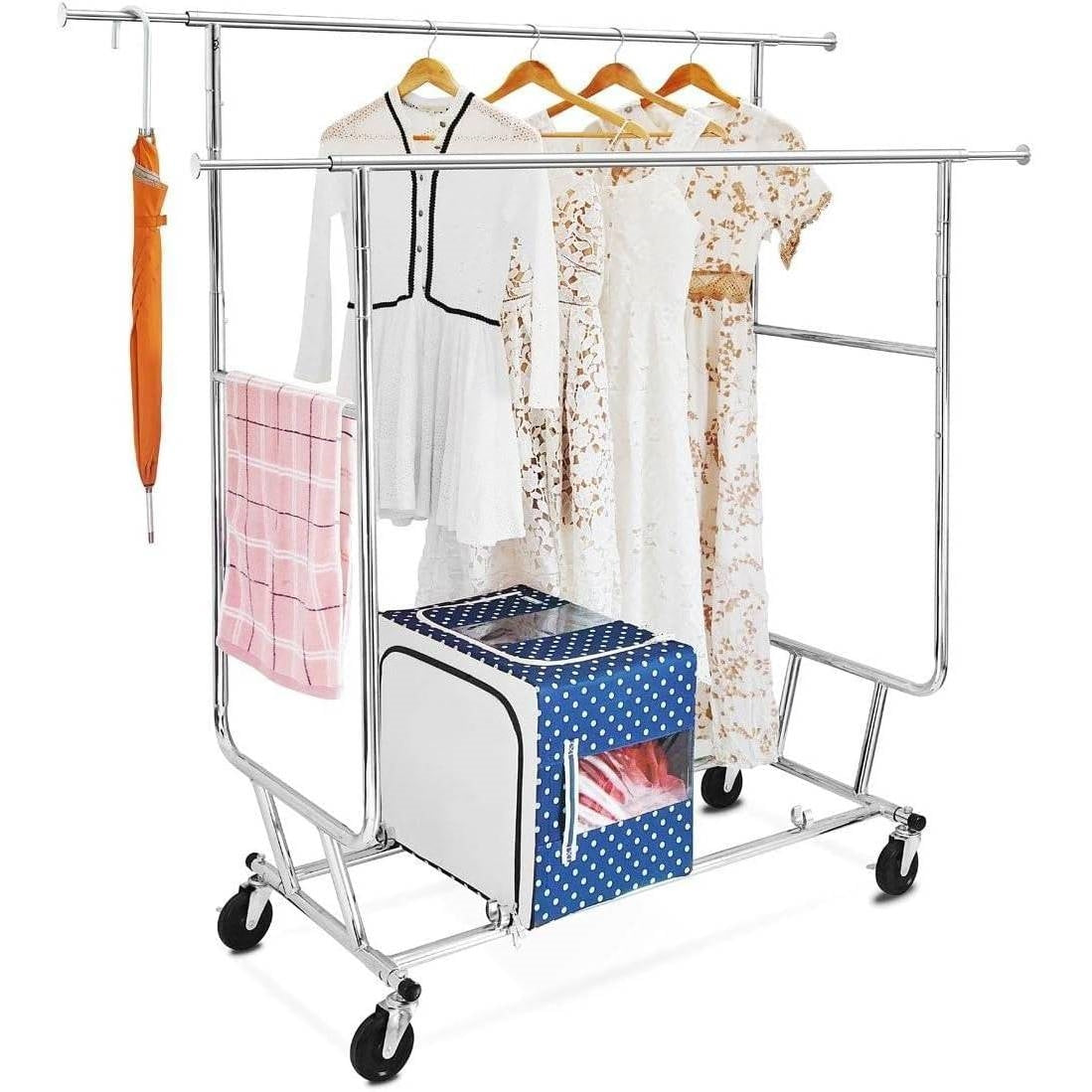 Heavy Duty Double Bar Clothes Hanging Garment Rack on Lockable Wheels