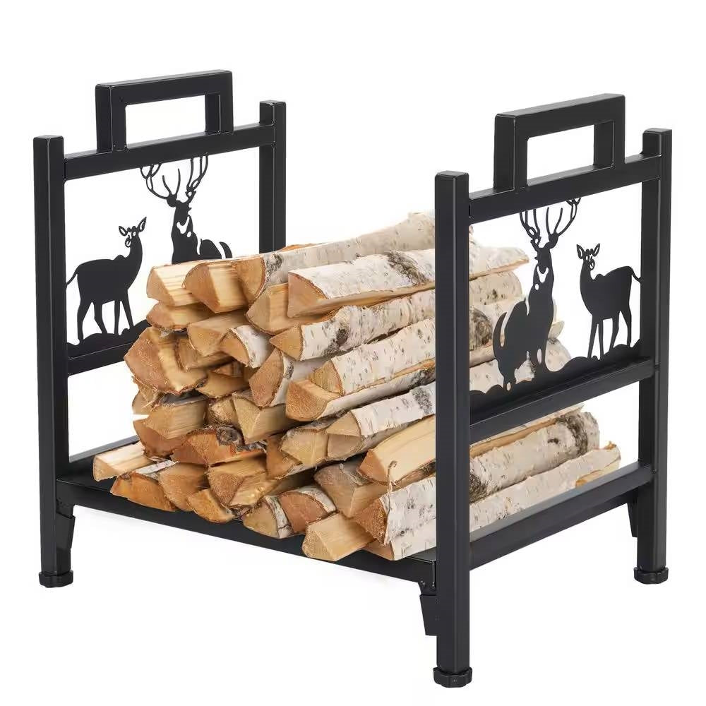 1.5 Ft. Black Metal Firewood Log Rack with Deer Pattern