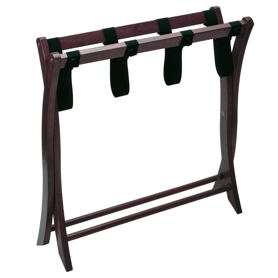 Solid Wood Folding Luggage Rack in Dark Brown Finish with Black Nylon Straps