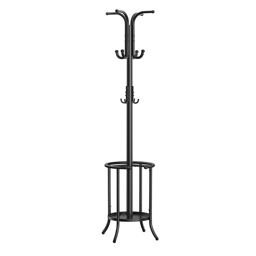 Heavy Duty Black Metal Coat Rack with Umbrella Holder