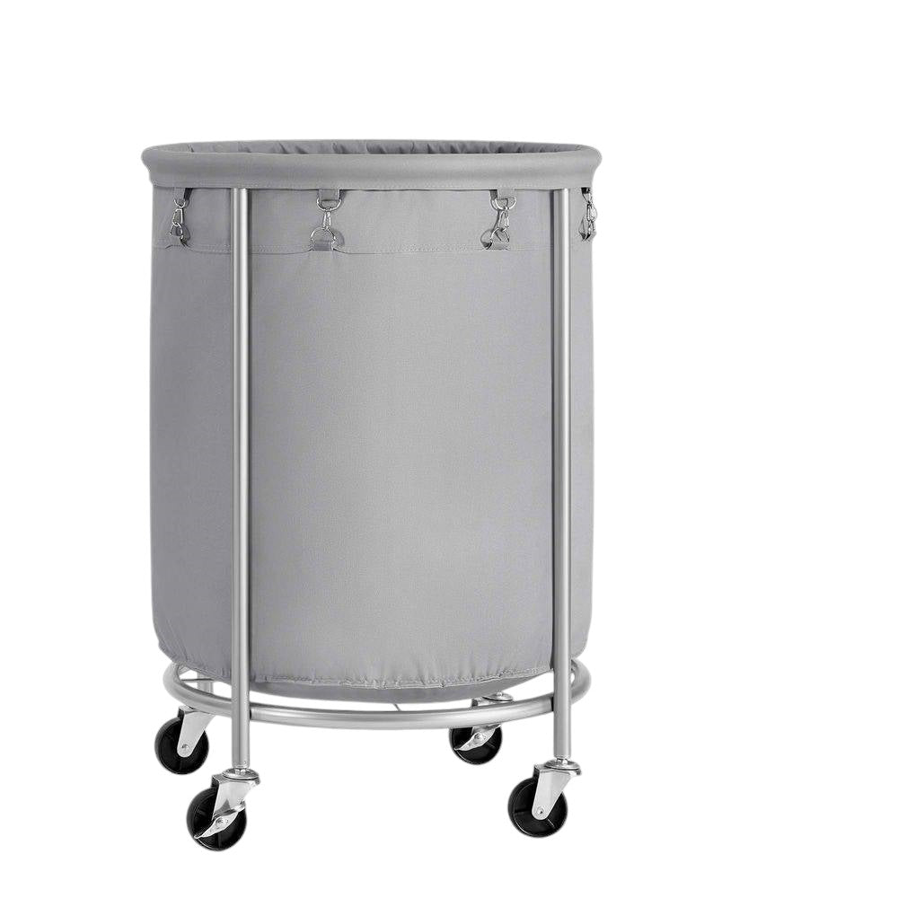 Round 45-Gallon Laundry Basket Hamper with Grey Fabric Bag Steel Frame on Wheels