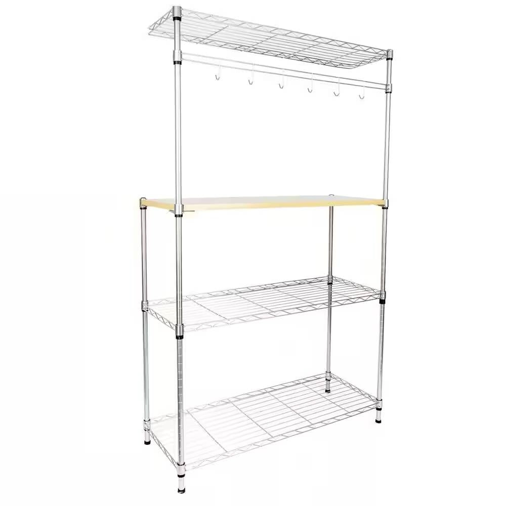 Carbon Steel Kitchen Bakers Rack with Hanging Bar with Hooks