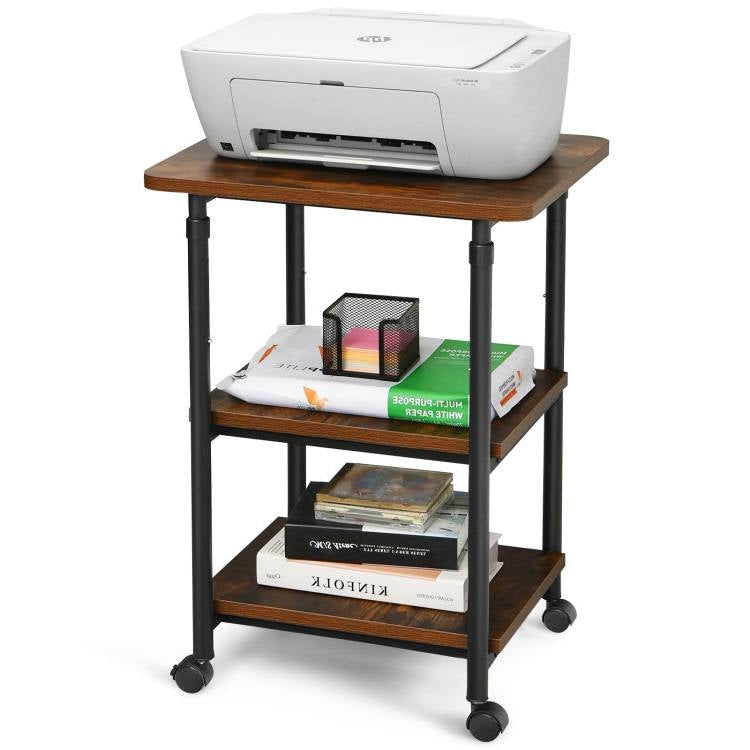 Brown/Black Multifunction Adjustable Height 3-tier Printer Stand on Wheels