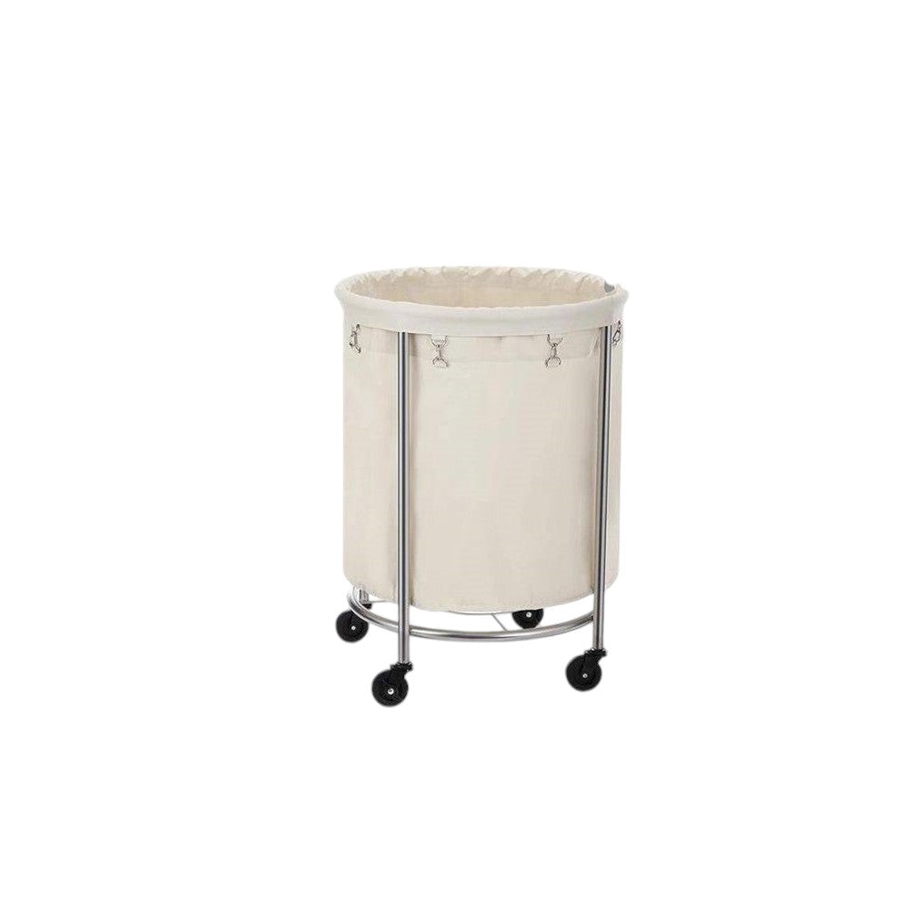 Round 45-Gallon Laundry Basket Hamper w/ Cream Fabric Bag Steel Frame on Wheels