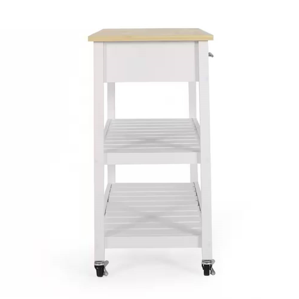 Modern White Kitchen Island Cart with Wood Top 2 Drawers and 2 Bottom Shelves