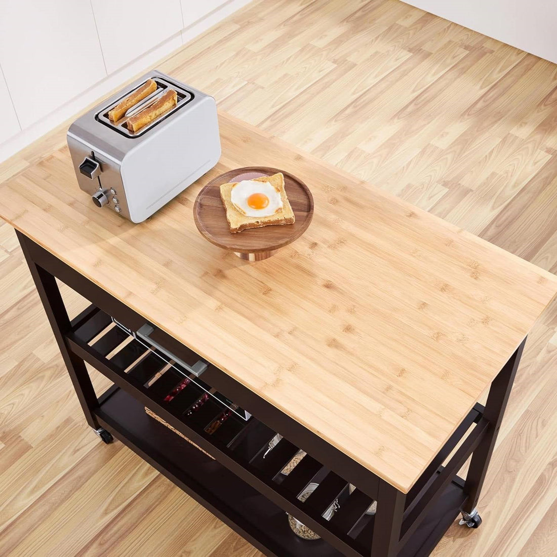 Black Kitchen Island Cart with Wood Top 2-Shelves Drawer and Locking Wheels